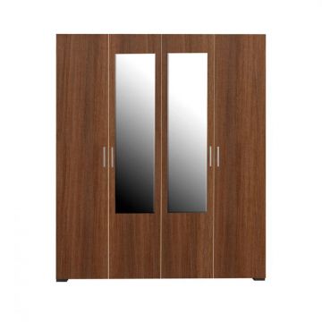 Dulap CORINNE, oglinzi, 4 usi, 4 rafturi, bara de haine, nuc, cant vanilie, 160x50x188 cm