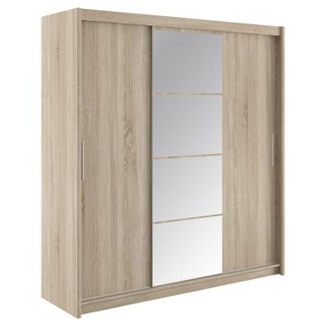 Dulap Elodie cu 3 usi culisante cu oglinda, Alb - Sonoma, 200x61x216 cm