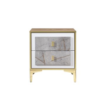 Noptiera Nero cu 2 sertare, culoare Marmura + Aur, 50x41x57cm