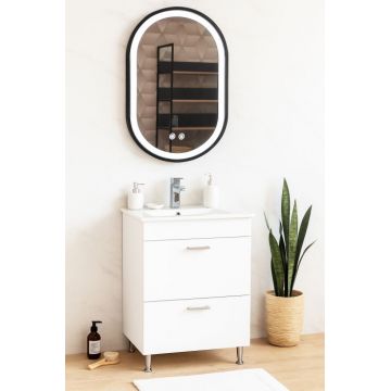 Set Baza cu Lavoar si Oglinda cu iluminare LED, seria 067, cu sertare, 50 cm, alb