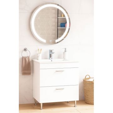 Set Baza cu Lavoar si Oglinda cu iluminare LED, seria 067, cu sertare, 60 cm, alb