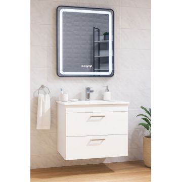 Set Baza cu Lavoar si Oglinda cu iluminare LED seria 067, suspendata cu sertare, 70 cm, alb
