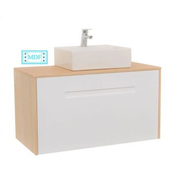 Set Baza front MDF si Lavoar seria 401, suspendata cu sertare, 90 cm, alb + fag