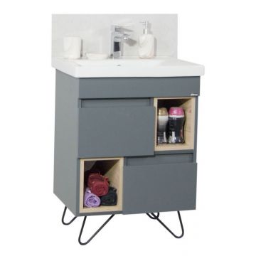Set Baza front MDF si Lavoar seria 760, cu picioare metalice, 60 cm, antracit + sonoma