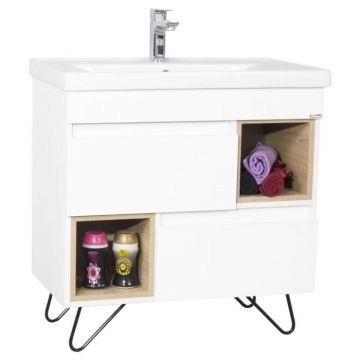 Set Baza front MDF si Lavoar seria 760, cu picioare metalice, 80 cm, alb + sonoma