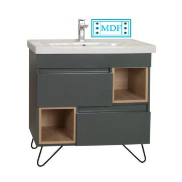 Set Baza front MDF si Lavoar seria 760, cu picioare metalice, 80 cm, antracit + sonoma