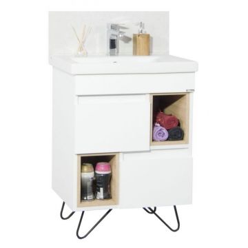 Set Baza front MDF si Lavoar seria 760, picioare metalice, 60 cm, alb + sonoma