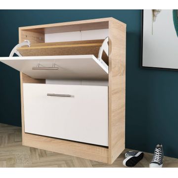 Pantofar Ancona cu doua sertare, stejar alb si alb, 63x24x81.5 cm