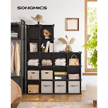 Set 15 cuburi modulare din plastic pentru depozitare, Songmics, Negru, 123x31x123 cm