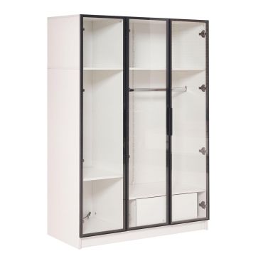 Dulap Spațios cu 3 Uși din Sticlă, 1 Sertar și 1 Bară pentru Umerașe, Iluminare LED Integrată, 110x50x160 cm, Alb