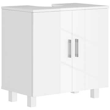 HOMCOM Dulap Baie Sub Chiuvetă, cu 2 Uși, Raft Central, Mâner și Picioare Antiderapante, 60x35x60 cm, Alb Lucios | Aosom Romania