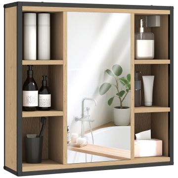 HOMCOM Dulap de perete baie cu oglindă, 52 x 24,5 cm cu 6 compartimente deschise și raft reglabil, stejar | Aosom Romania