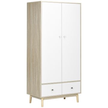 HOMCOM Dulap haine, 2 sertare si cuier, cu 2 usi, cu 4 compartimente, dulap cu sertar rezistent la apa si usor de curatat, alb, 90x50x190cm | Aosom Romania