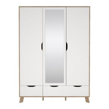 Șifonier alb-în culoare naturală cu aspect de lemn de stejar cu oglindă 147x201x58 cm Ikast – Tvilum