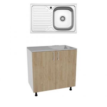 Set Masca Chiuveta Karo, Lemn Natural/Alb, 80 x 50 x 80 cm, Chiuveta Inox, Cuva dreapta