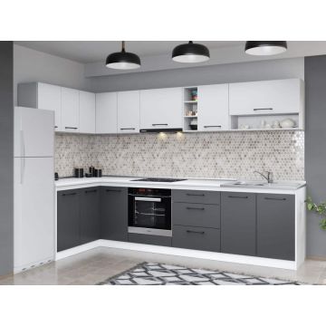 Set Mobila Bucatarie Colt Mina Dual 140*300 Gri Antracit/Alb C115