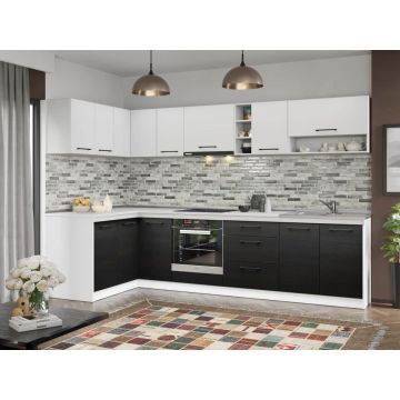 Set Mobila Bucatarie Colt Mina Yang 140*300 Ferrara/Alb C143
