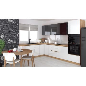 Bucatarie colt Chelsea V2 ,221/300x60x200 cm, Gri antracit , Alb /Stejar K003