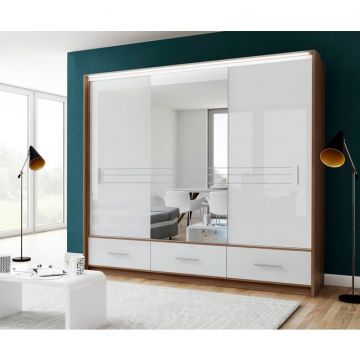 Dulap Amsterdam cu oglindă, uși glisante + iluminare LED, PAL melaminat, 255x61x225 cm, alb