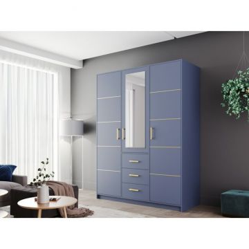 Dulap Bali 2D3 cu oglindă, bară haine, 3 sertare, PAL laminat, 147x58x200 cm, albastru