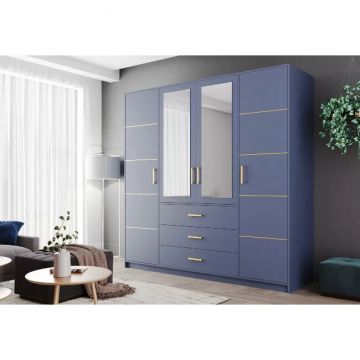 Dulap Bali 2D4 cu oglindă, bară haine, 4 sertare, PAL laminat, 147x58x200 cm, albastru Dulap Bali 2D4 cu oglindă, bară haine, 4 sertare, PAL laminat, 147x58x200 cm, albastru
