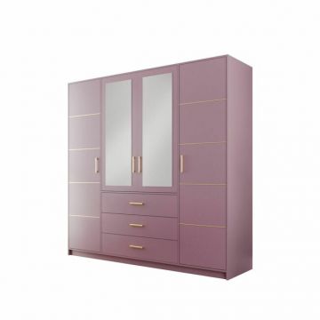 Dulap Bali 2D4 cu oglindă, bară haine, 4 sertare, PAL laminat, 147x58x200 cm, roz