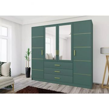 Dulap Bali 2D4 cu oglindă, bară haine, 4 sertare, PAL laminat, 196x58x200 cm, verde
