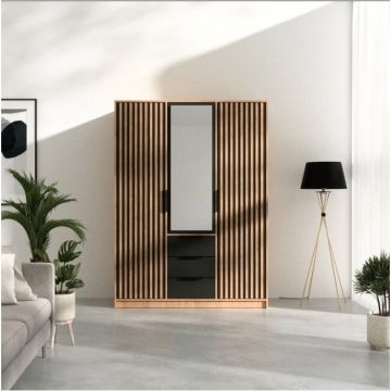 Dulap Bali D3 Lux, oglindă, bară haine, 3 sertare, PAL laminat, 200x147x58 cm, negru Dulap Bali D3 Lux, oglindă, bară haine, 3 sertare, PAL laminat, 200x147x58 cm, negru