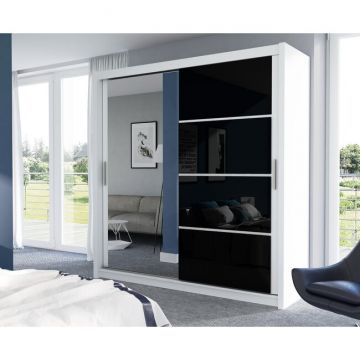 Dulap Brandon cu usi glisante si oglinda din PAL, 1,50x0,61x2,15 m, alb si negru