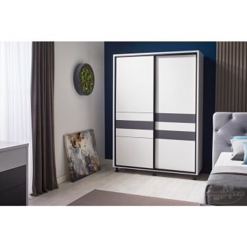 Dulap Cristal cu uși culisante, bară pentru umerașe și sertare, PAL melaminat, 160 cm, alb-grafit Dulap Cristal cu uși culisante, bară pentru umerașe și sertare, PAL melaminat, 160 cm, alb-grafit