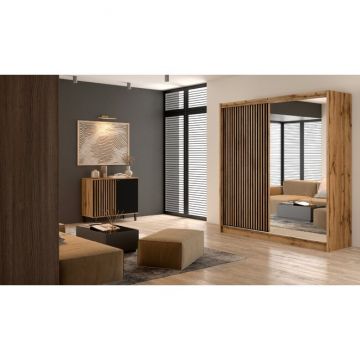 Dulap London cu oglindă, 2 uși glisante, PAL melaminat, 200x60x215 cm, negru Dulap London cu oglindă, 2 uși glisante, PAL melaminat, 200x60x215 cm, negru