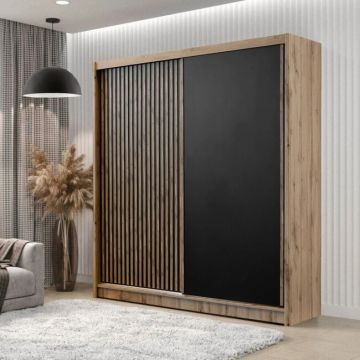 Dulap London cu oglindă, 2 uși glisante, PAL melaminat, 203x60x215 cm, negru