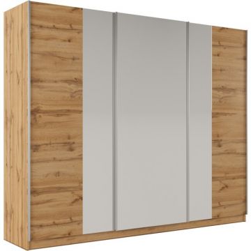 Dulap Praga cu finisaj cald din stejar și sistem de închidere glisant, 250x65x210 cm, stejar