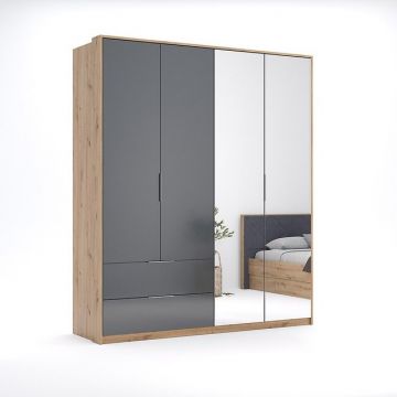 Dulap Raymond cu oglindă, spațiu interior generos și finisaj elegant, 212.2x182.4x55 cm, stejar-gri Dulap Raymond cu oglindă, spațiu interior generos și finisaj elegant, 212.2x182.4x55 cm, stejar-gri
