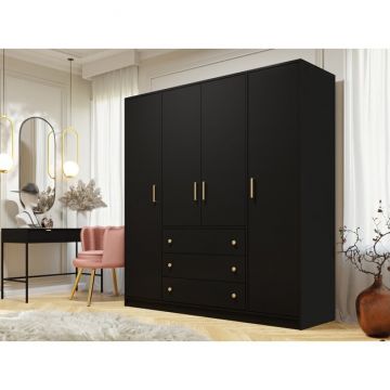 Dulap Retro D4 cu 3 sertare, șină și rafturi, bandă decorativă și carcasă laminată, 196x58x200 cm, negru Dulap Retro D4 cu 3 sertare, șină și rafturi, bandă decorativă și carcasă laminată, 196x58x200 cm, negru