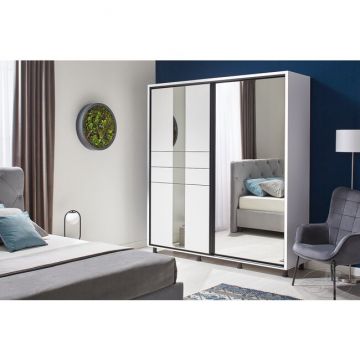 Dulap Rio Grande cu uși glisante, fațadă cu oglinzi și rame decorative, PAL melaminat, 200 cm, alb