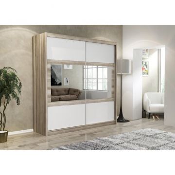 Dulap Salwador dulap cu usi culisante din pal melaminat cu feronerie de calitate și compartimentare practică, 203x61x215 cm, alb Dulap Salwador dulap cu usi culisante din pal melaminat cu feronerie de calitate și compartimentare practică, 203x61x215 cm, alb