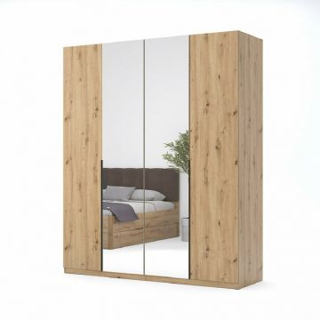 Dulap Teddy cu 4 uși și oglindă, design clasic, material MDF și PAL, 210x179.2x55 cm, stejar