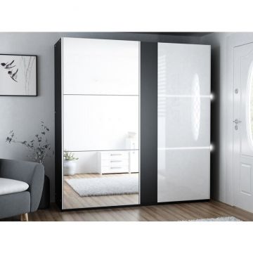 Dulap Tunis cu oglindă și uși culisante, pal melaminat, 200x65x215 cm, grafit