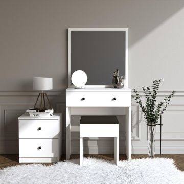 Masa de toaleta / machiaj Nice cu oglinda, taburet si comoda, Alb, 65x139x35 cm