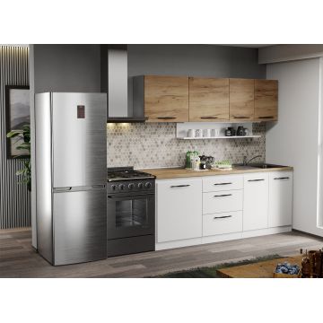 Mobila Bucatarie alba cu lemn Aroma - 11 - 200 cm Mobila Bucatarie alba cu lemn Aroma - 11 - 200 cm