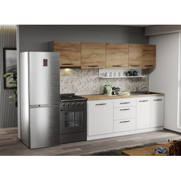 Mobila Bucatarie alba cu lemn Aroma - 12 - 260 cm Mobila Bucatarie alba cu lemn Aroma - 12 - 260 cm