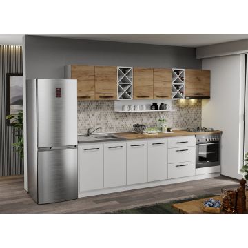 Mobila Bucatarie alba cu lemn Aroma - 16 - 280 cm Mobila Bucatarie alba cu lemn Aroma - 16 - 280 cm
