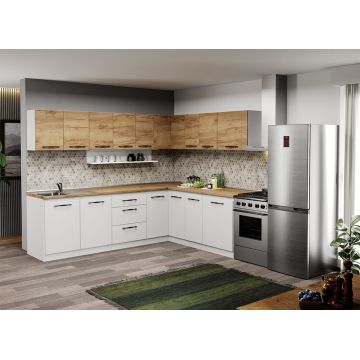 Mobila Bucatarie pe colt alba cu lemn Aroma - 35 - 260x200 cm Mobila Bucatarie pe colt alba cu lemn Aroma - 35 - 260x200 cm