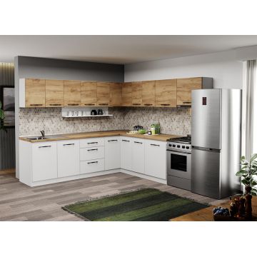 Mobila Bucatarie pe colt alba cu lemn Aroma - 36 - 260x260 cm Mobila Bucatarie pe colt alba cu lemn Aroma - 36 - 260x260 cm