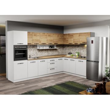Mobila Bucatarie pe colt alba cu lemn Aroma - 37 - 320x200 cm Mobila Bucatarie pe colt alba cu lemn Aroma - 37 - 320x200 cm
