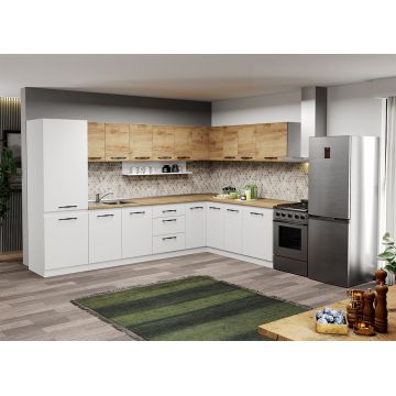 Mobila Bucatarie pe colt alba cu lemn Aroma - 38 - 320x200 cm Mobila Bucatarie pe colt alba cu lemn Aroma - 38 - 320x200 cm