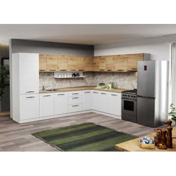Mobila Bucatarie pe colt alba cu lemn Aroma - 39 - 320x260 cm Mobila Bucatarie pe colt alba cu lemn Aroma - 39 - 320x260 cm