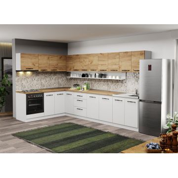 Mobila Bucatarie pe colt alba cu lemn Aroma - 40 - 200x340 cm Mobila Bucatarie pe colt alba cu lemn Aroma - 40 - 200x340 cm