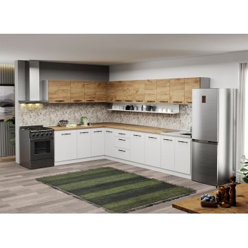 Mobila Bucatarie pe colt alba cu lemn Aroma - 41 - 200x340 cm Mobila Bucatarie pe colt alba cu lemn Aroma - 41 - 200x340 cm